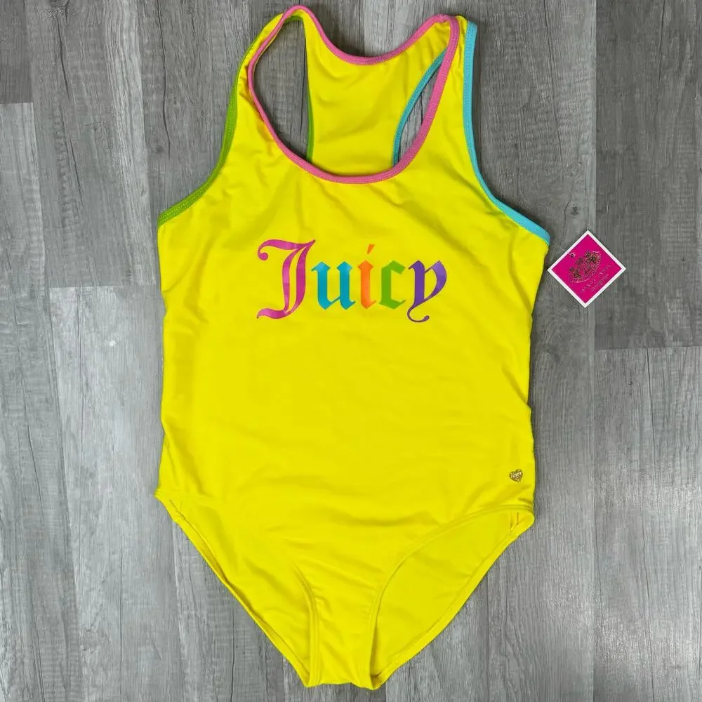 NWT Juicy Couture Girls Yellow Spell Out One Piece Swimsuit Size 16